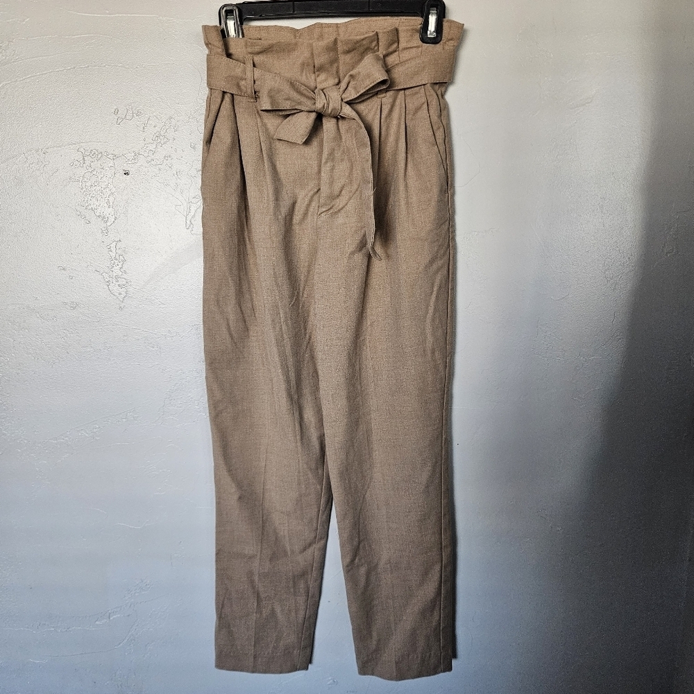 H&M Women's 6 Tan Chinos Paper Bag Bow Tie Waist High Rise Dress Pants Business